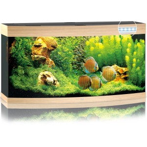 Juwel Vision 260 LED Aquarium-Set, helles Holz, bepflanzt mit Fischen.