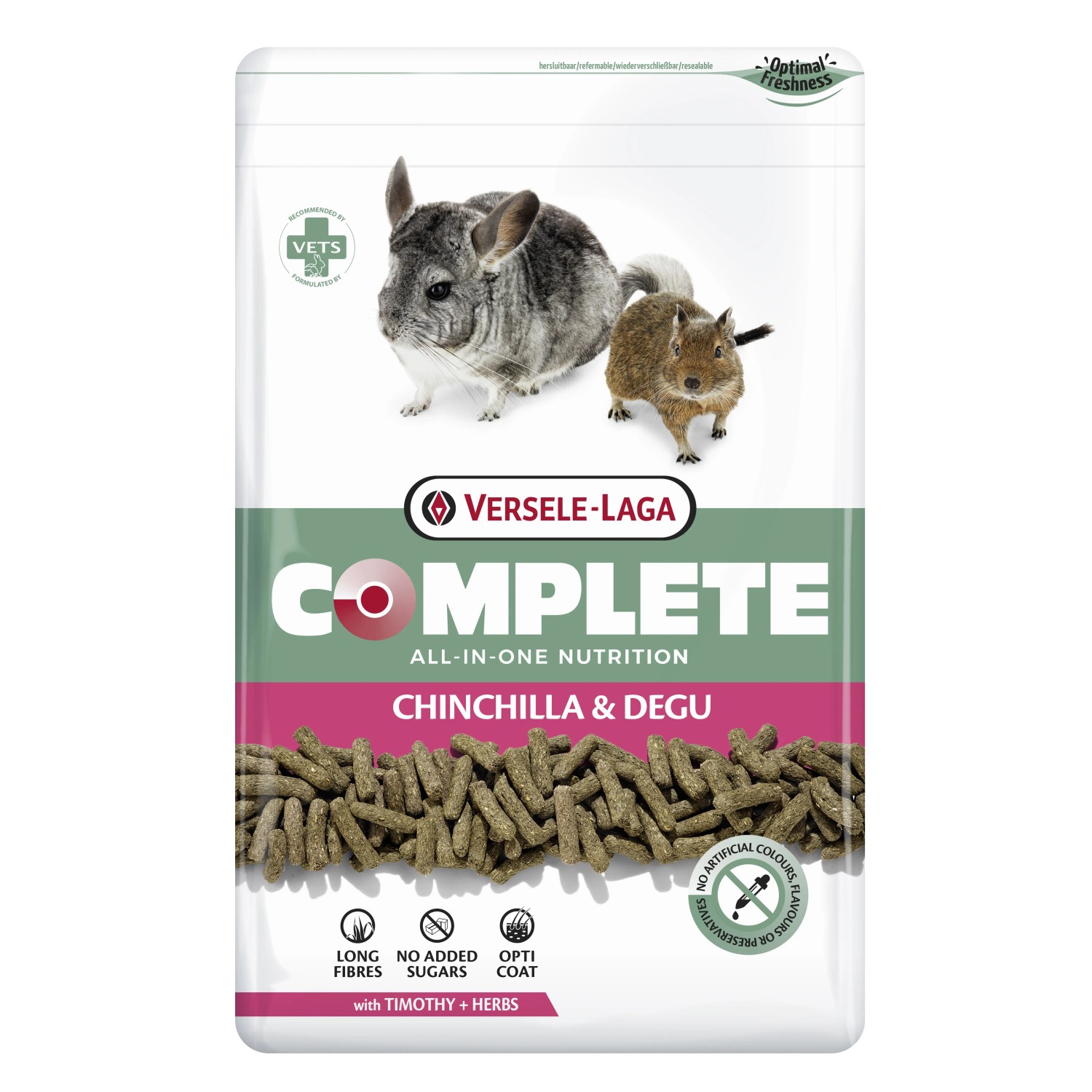 Versele-Laga Complete Chinchilla- und Degufutter, 1,75kg Packung mit Chinchilla und Degu Abbildung.