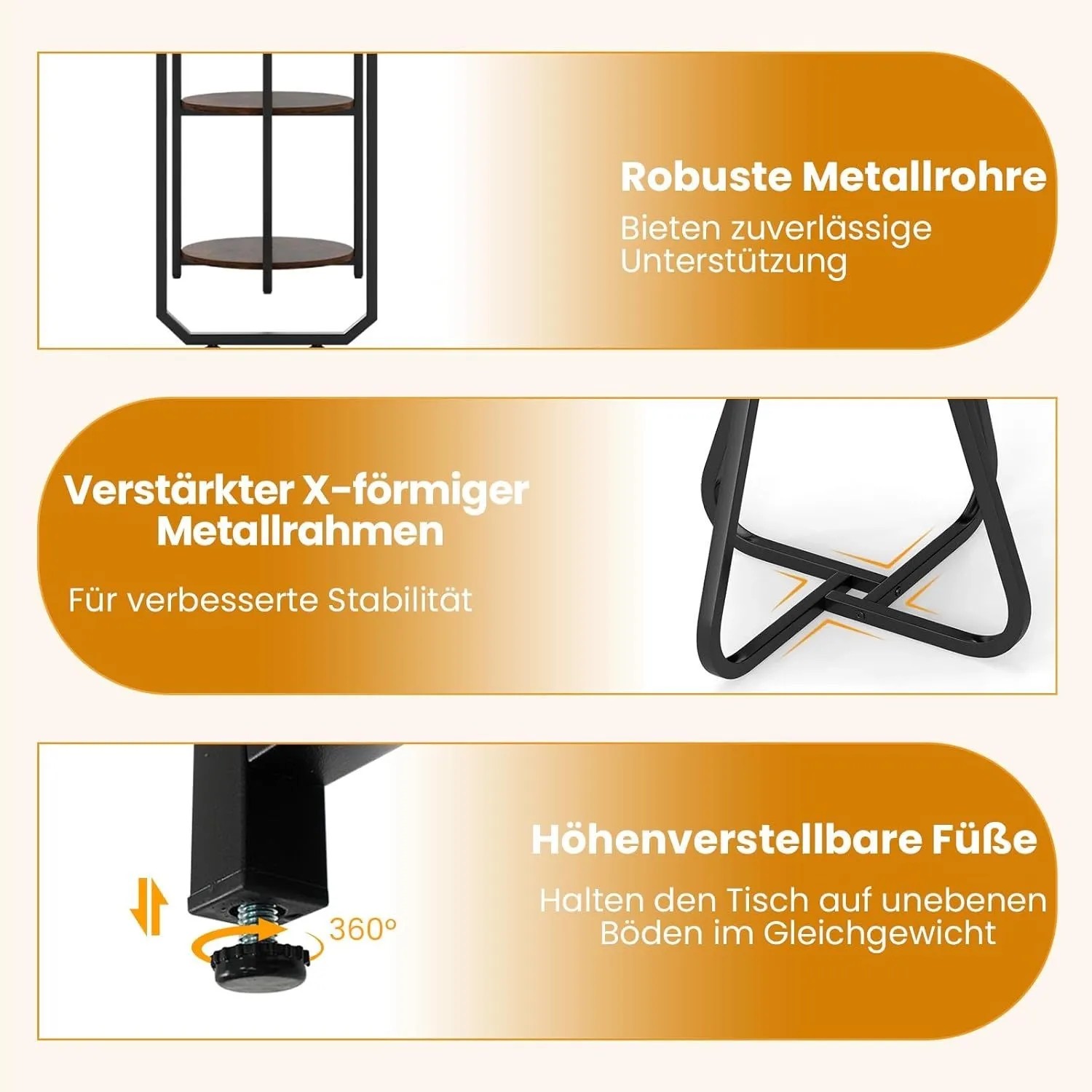 Costway Essgruppe: Robuster Metallrahmen, X-förmige Verstärkung, verstellbare Füße und praktische Ablagen für Stabilität.