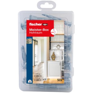 Fischer Meister-Box Hohlraumdübel & Schrauben, 50-teilig, im transparenten Kunststoffkoffer.