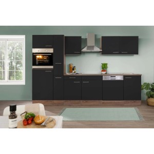 Respekta Küchenzeile 310 cm in Schwarz Seidenglanz und Eiche York Dekor.