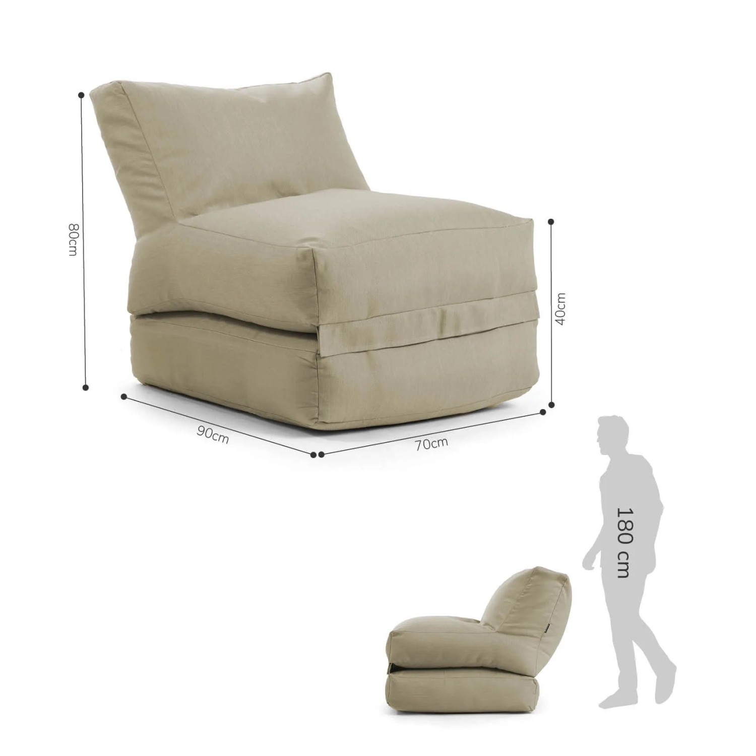 Sandfarbener mokebo Outdoor Sitzsack/Gartenliege Summerdream mit Maßangaben.