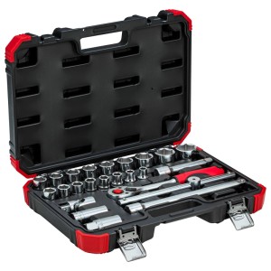 Gedore Steckschlüsselsatz, 24-teilig, im roten Koffer. Werkzeug-Set mit Knarre, Nüssen und Verlängerungen.