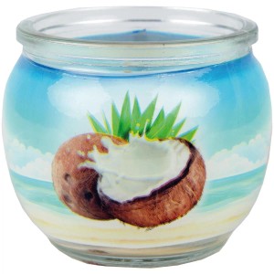 HS Candle Duftkerze Coconut im Glas mit Kokosnuss Motiv für entspannte Atmosphäre.