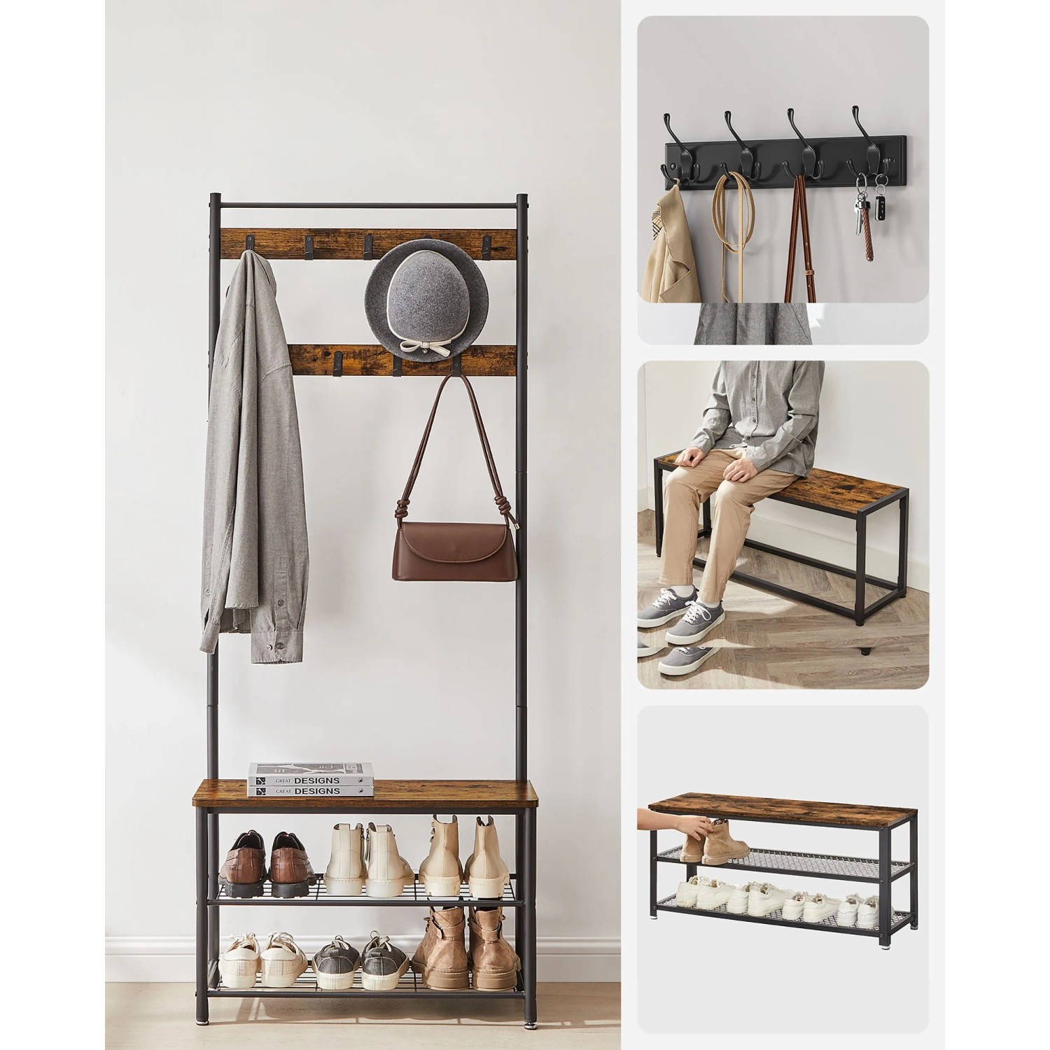 Songmics Garderobenständer Dacey mit Schuhbank, braun-schwarz, mit Haken und Ablagen für Schuhe und Kleidung.