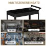 DURHAND Werkstattwagen aus Stahl, schwarz, mit zwei Ablagen und Anwendungsbeispielen.