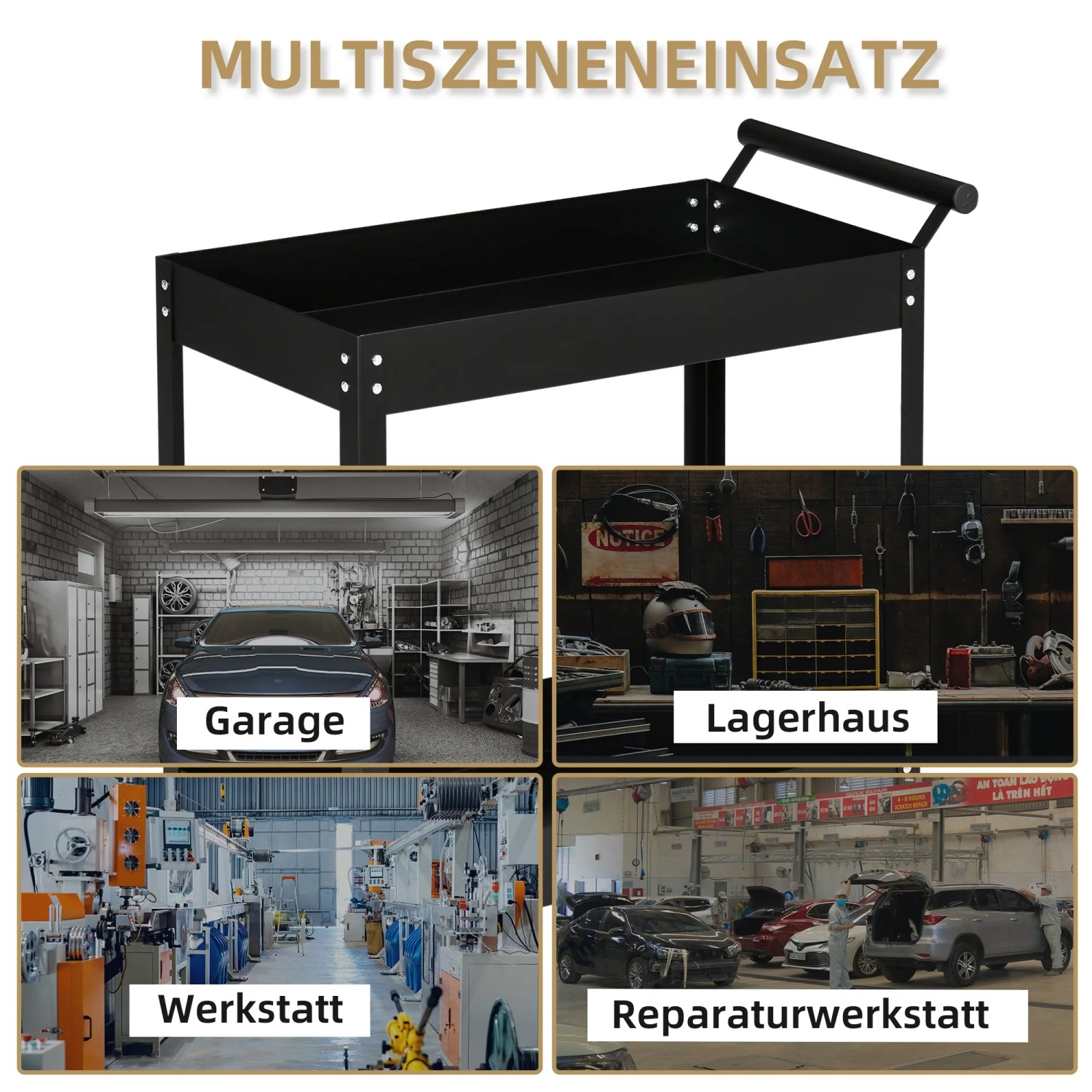 DURHAND Werkstattwagen aus Stahl, schwarz, mit zwei Ablagen und Anwendungsbeispielen.