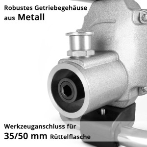 Detailaufnahme STAHLWERK BR-2300 ST Betonverdichter: Metall-Getriebegehäuse und Werkzeuganschluss.
