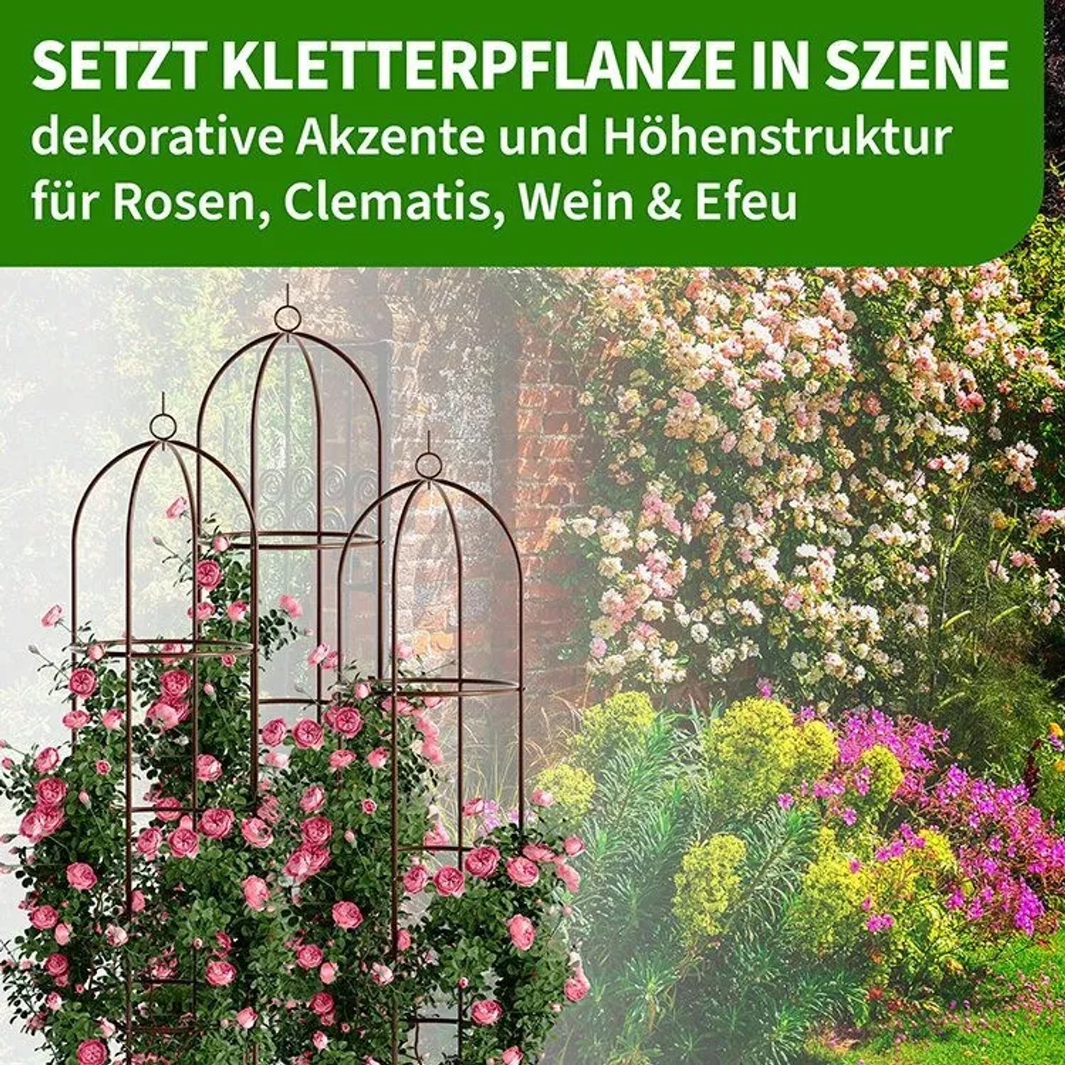 TTL GARDEN Obelisk Rankhilfe XL 195 x 40 cm Braun Metall Pulverbeschichtet Rankgitter Rosensäule Kletterhilfe für Rosen Clematis_5