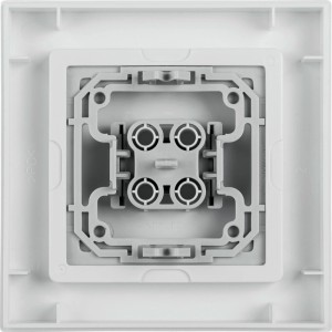 Rückseite der weißen Homematic IP Tasterwippe für Markenschalter mit grauem Montageadapter. Hausautomation.