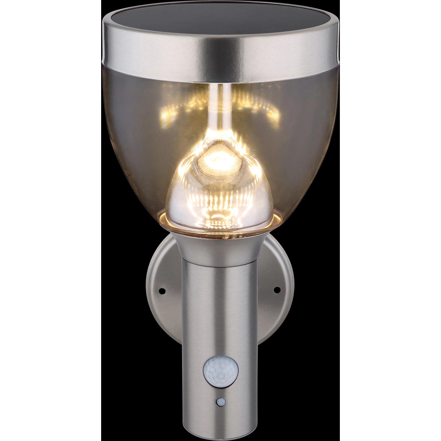 LED-Solar-Wandleuchte Edelstahl mit Bewegungsmelder für den Außenbereich.