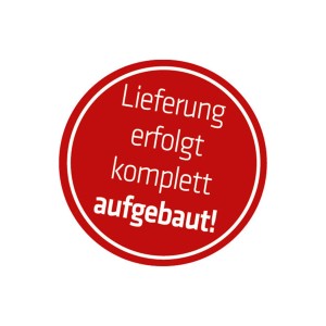 Roter Aufkleber: Lieferung des Strandkorb Komplettset erfolgt komplett aufgebaut!