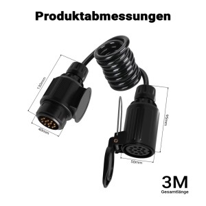 Schwarzes 3m Spiralkabel mit 13-poligem Stecker und Buchse für Autoanhänger. Robustes Verlängerungskabel.