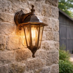 Antike goldene QAZQA Außenwandleuchte New Haven IP44 an Steinwand mit eingeschaltetem Leuchtmittel.
