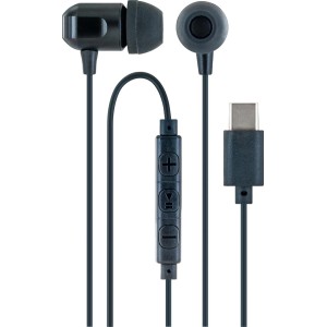 Schwarze Schwaiger In-Ear Kopfhörer mit USB-C Anschluss und Kabelmikrofon.