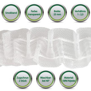 Bestgoodies Gardinenband Smokband, 25mm breit, weiß, 50m Rolle für Fenstervorhänge.