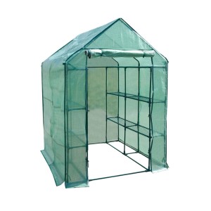 Grünes KARAT Gewächshaus Biotopia mit Regalböden, Satteldachform, ideal für Pflanzen.