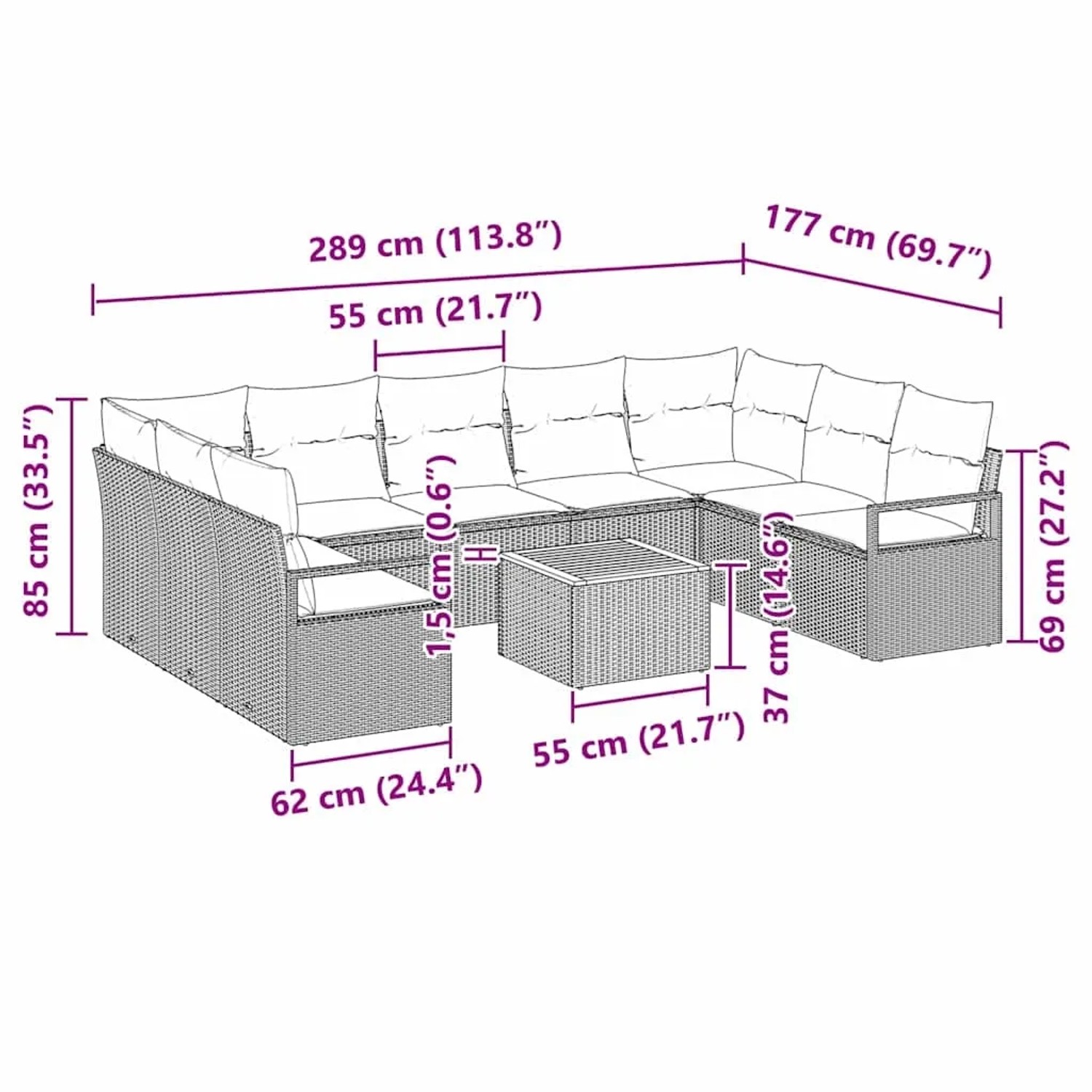 vidaXL Gartenmöbel Set, 10-teilig, schwarz, Poly Rattan, mit Maßen des Sofas und Tischs.