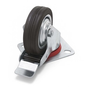 Wiltec Doppelstopp-Lenkrolle mit schwarzem Vollgummirad (125mm), verzinktem Metallgehäuse und Feststellbremse. Für Transportrollen.