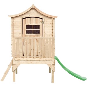 Timbela Kinderspielhaus M550A aus Holz mit Rutsche, Leiter und Terrasse.