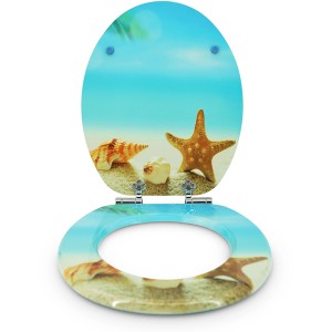 Sanfino WC-Sitz Seastar Beach mit Absenkautomatik, Holz, Strandmotiv mit Seestern und Muscheln.