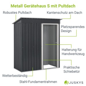 Juskys Metall Gerätehaus S in Anthrazit mit Pultdach und Schiebetür.