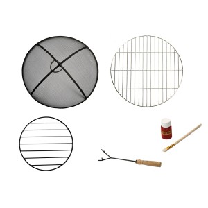 Zubehör für Teamson Home Feuerschale: Funkenschutz, Grillrost, Schürhaken, Farbe und Pinsel.