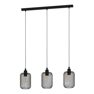 Schwarze Eglo Pendelleuchte Wrington, 3-flammig mit Streckgitter-Lampenschirmen.