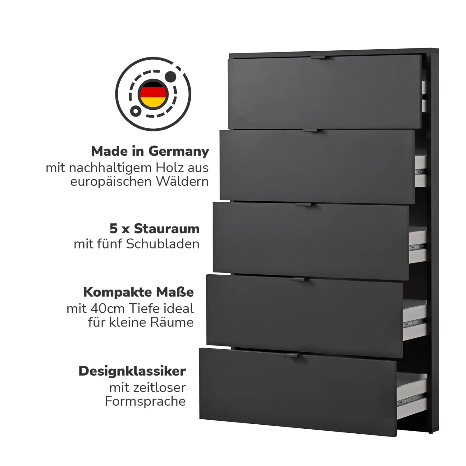 Anthrazit Kommode mit 5 Schubladen von mokebo. Stilvolle Anrichte oder Sideboard für Wohnraum.