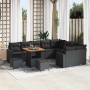 Schwarzes 12-tlg. vidaXL Garten-Sofa-Set aus Poly Rattan mit Tisch und Hockern für Terrasse und Garten.