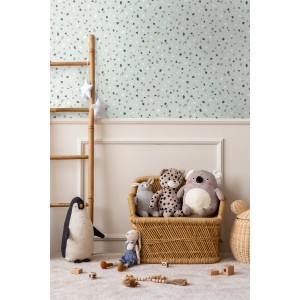 Walls4You Vliestapete Terrazzo-Motiv in Mintgrün im Kinderzimmer mit Spielsachen.