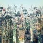 Komar Fototapete Urban Jungle: Skyline mit floralem Muster, moderne Wandgestaltung für Wohnräume.