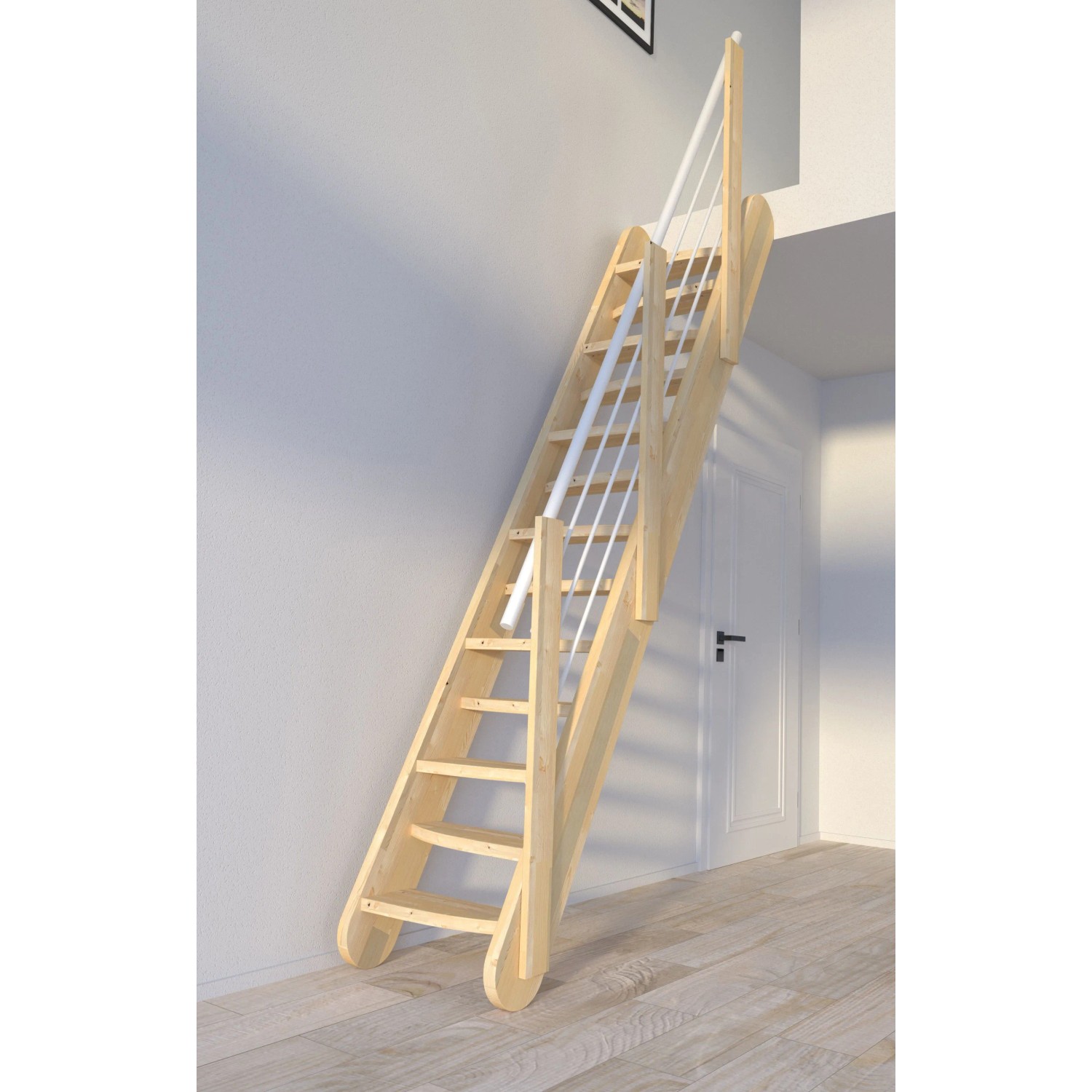 StarWood Treppe Samos Fichte mit weißem Holz-Edelstahlgeländer und verjüngten Stufen.