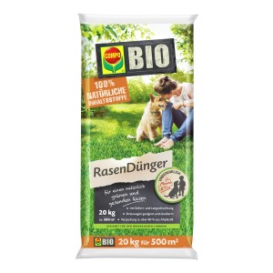 Verpackung Compo BIO Rasendünger 20kg für gesunden Rasen. Bio-Rasendünger mit natürlichen Inhaltsstoffen.