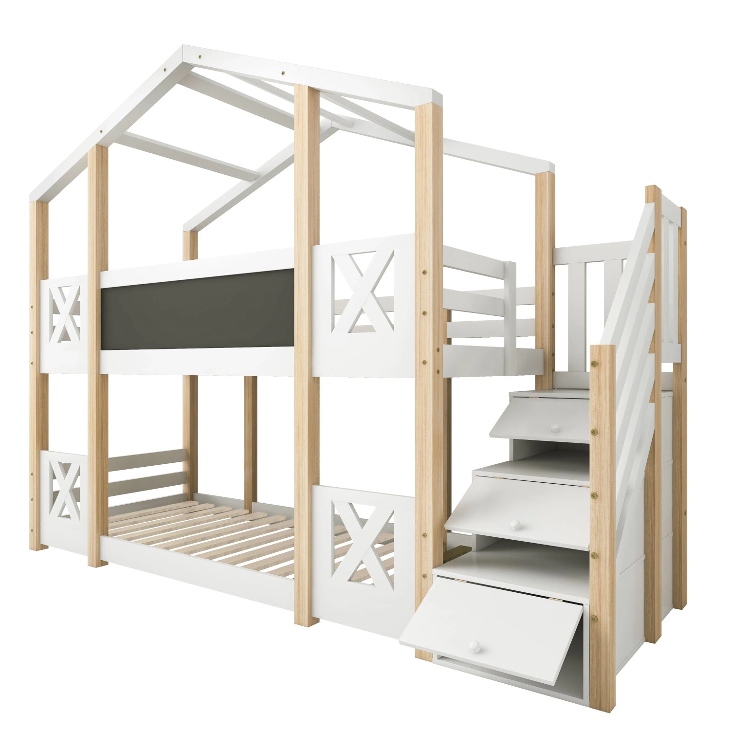 KOMHTOM Etagenbett 90x200Cm Kinderbett Baumhaus Mit Treppe Stauraum Und Rausfallschutz Hochbett Für Kinder 2x Lattenrost Natur & Weiß