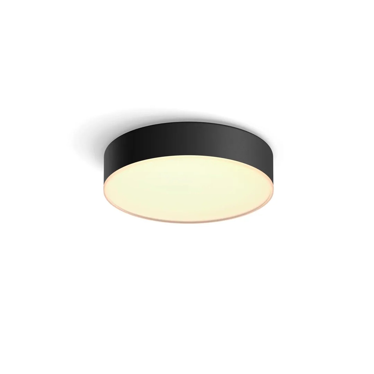 Schwarze Philips Hue Enrave S Deckenleuchte mit Dimmer und warmweißem Licht.