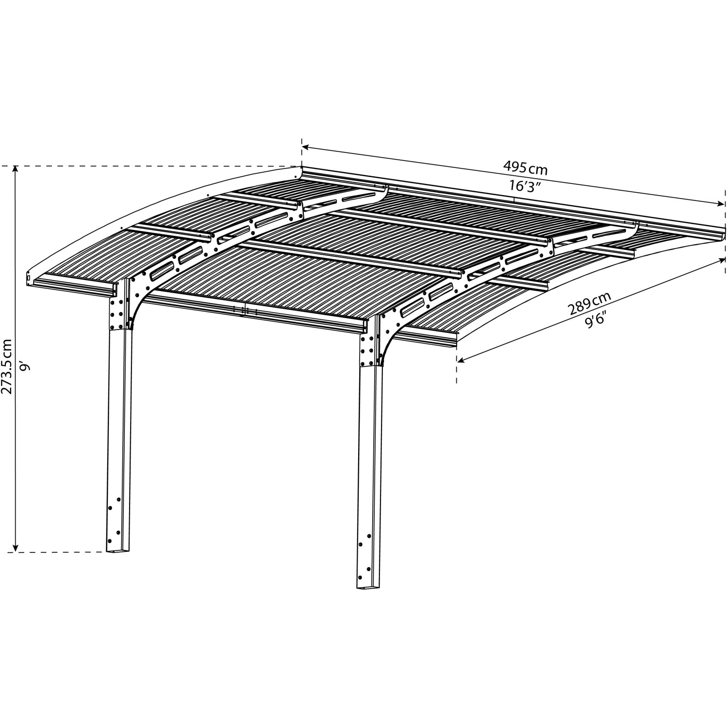 Technische Zeichnung: Palram Canopia Carport Arizone Wave mit Maßen. Gebogene Dachform, Aluminiumkonstruktion.