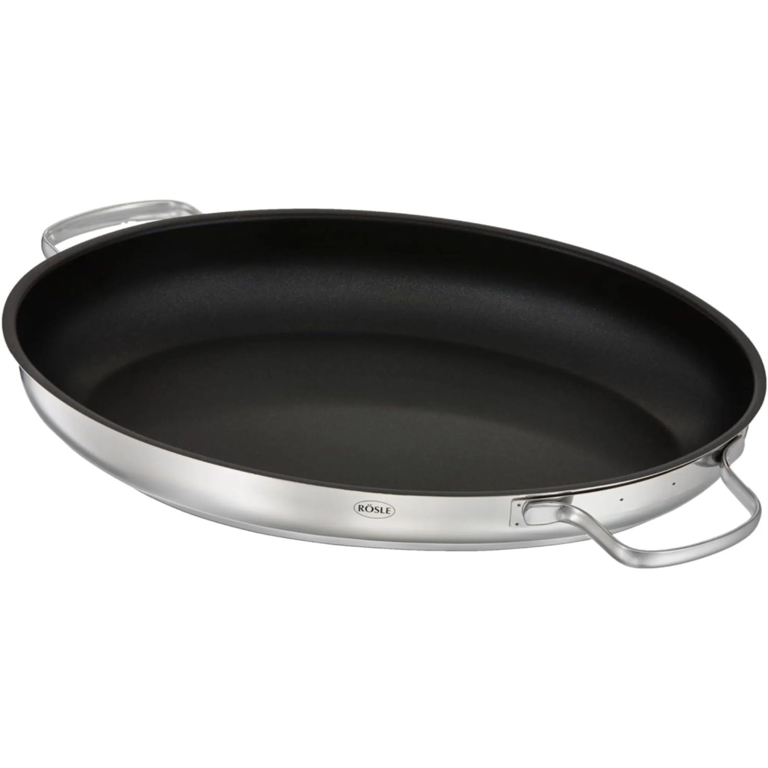 Ovaler RÖSLE Pureelements Edelstahl Bräter Deckel mit schwarzer ProCera Plus Beschichtung, als Pfanne nutzbar.