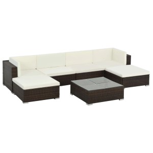 Braunes 7-tlg. vidaXL Garten-Lounge-Set aus Rattan mit cremeweißen Auflagen und Tisch.
