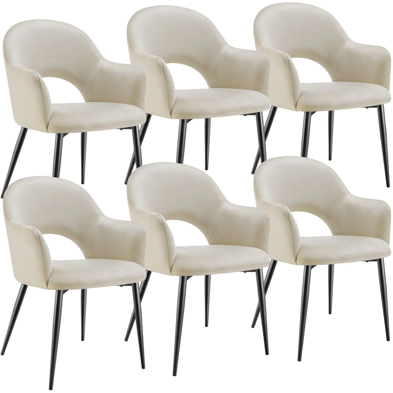 Tectake Armlehnstuhl Sachel In Samtoptik  Gepolstert Durchgehende Lehne 6Er Set 61 50 x 57 x 87 50 cm Creme