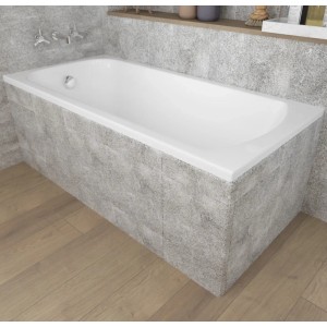 Weiße Rechteck-Badewanne CLASSIC 150x70 mit gefliester Styroporverkleidung im modernen Bad.