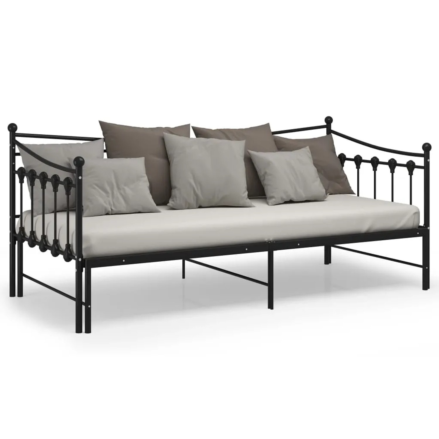 vidaXL Ausziehsofa Bettgestell, schwarz, Metall, 90x200 cm. Bett mit Kissen.