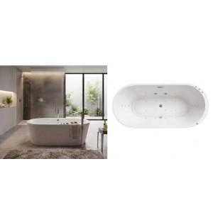 Weißer freistehender Indoor Whirlpool Ossanta mit Massagedüsen und LED-Lichtern in modernem Bad. 170x80x58 cm.