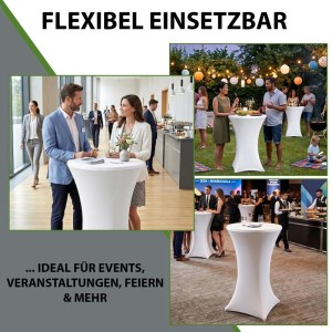 Weiße Stretch-Stehtischhusse für 80cm Tische, elegant in verschiedenen Event-Szenarien: Empfang, Gartenparty, Gala.