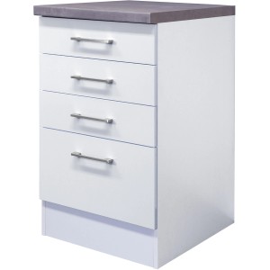 Flex-Well Joelina Küchenunterschrank, 50 cm, weiß mit 3 Schubladen und Auszug.