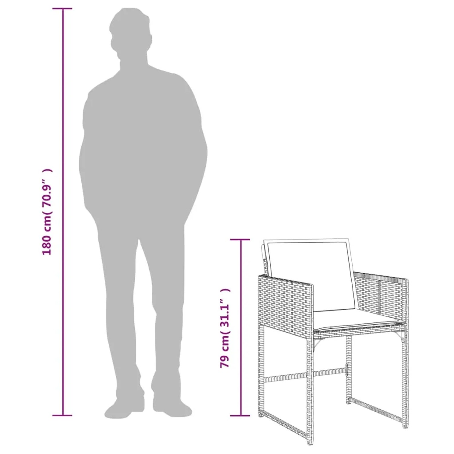 Skizze eines beigen Gartenstuhls aus Rattan mit Kissen, Größenangaben durch Pfeile und eine menschliche Silhouette.