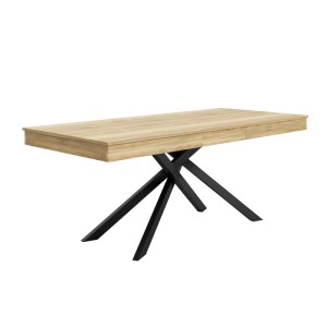 Merax Esstisch ausziehbar, Eiche-Optik Tischplatte, schwarze Metall-Kreuzbeine. Modernes Design für Esszimmer.