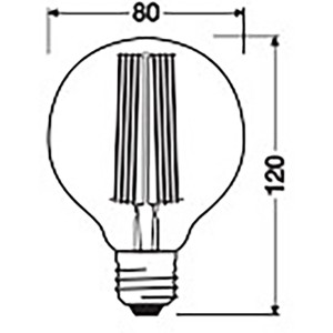 Skizze: Osram LED E27 Globe, 11W, warmweiß, 12x8cm (HxB), Maße eingezeichnet.
