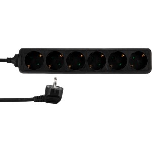 Schwarze REV Ritter 6-fach Steckdosenleiste mit 1,4 m Zuleitung und Winkelstecker.