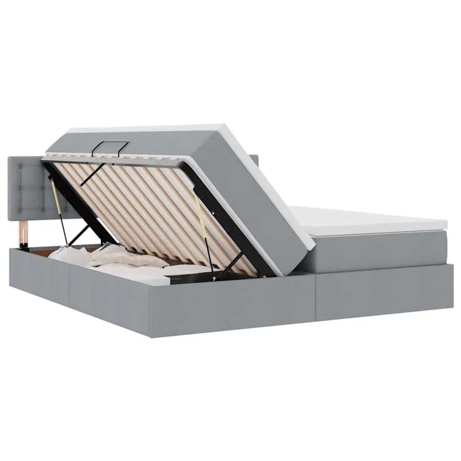 Hellgraues Stoffbett mit LED-Leisten und Stauraum unter der Matratze.